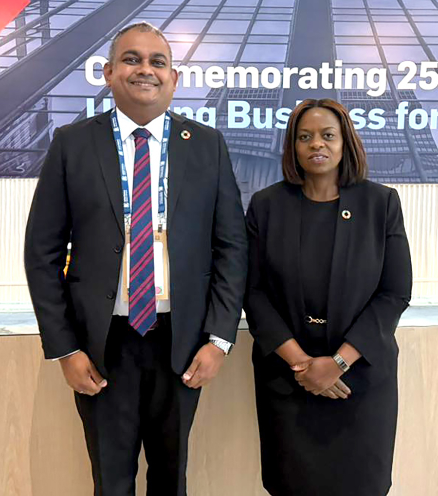 Hasrath Munasinghe Deputy General Manager Corporate Banking of Commercial Bank at a UNGC forum and with Sanda Ojiambo Assistant Secretary General and CEO of the UNGC