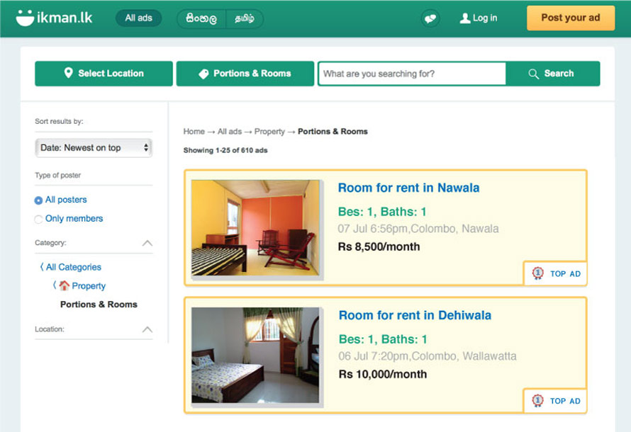 ikman.lk offers the community a marketplace for those seeking accommodation